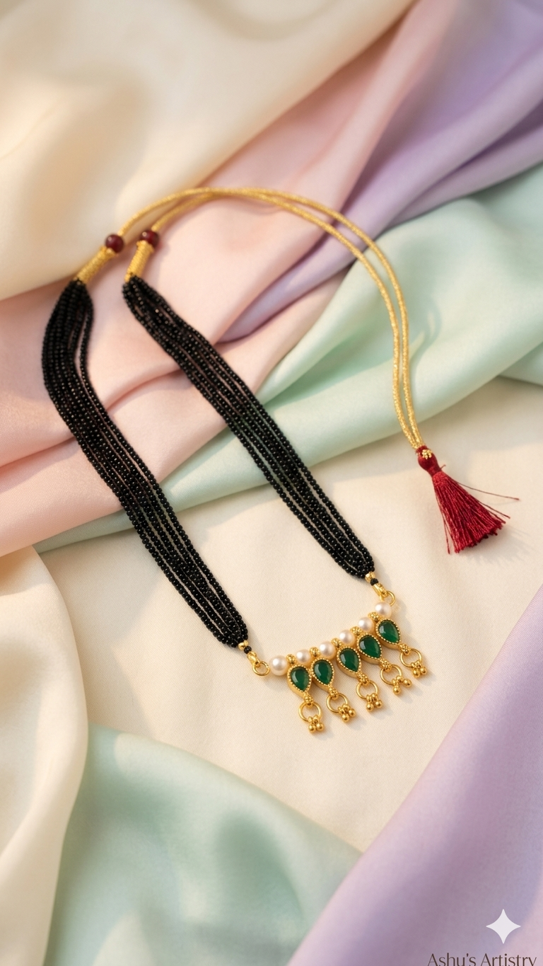 Traditional Maharashtrian Kolhapuri Mangalsutra 5 Panadi Vertical Moti Green 