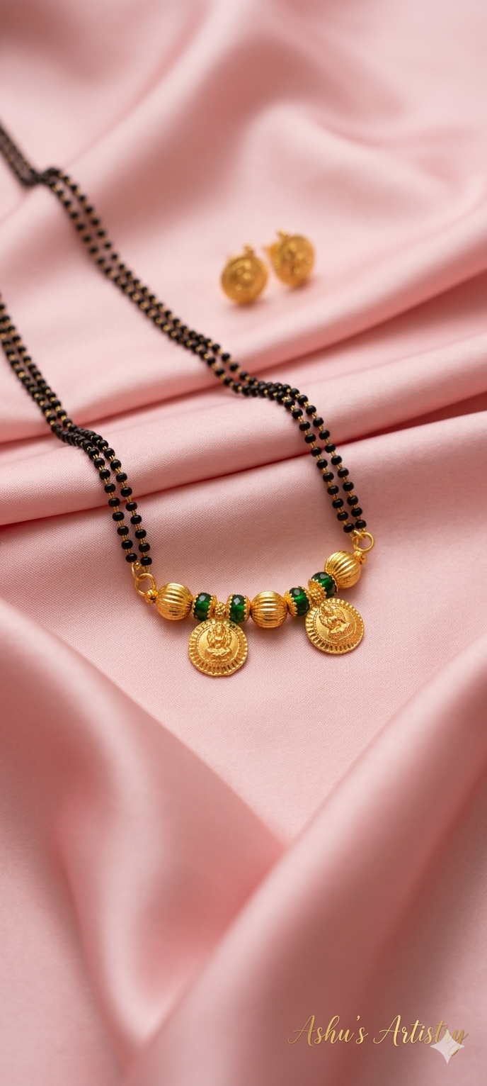 Lakshmi Coin Green Bead Mangalsutra Set | Daily Wear