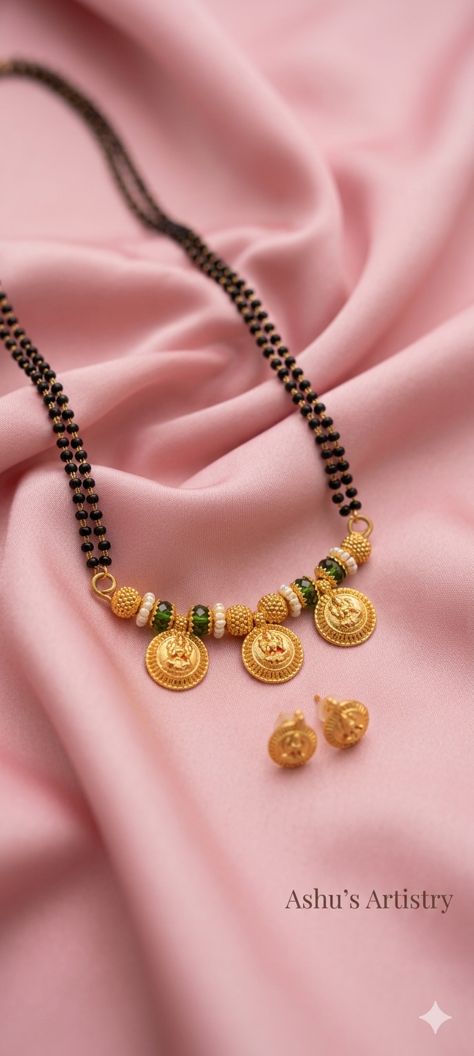 Mahalakshmi Classic Coin Mangalsutra Set - 3coin green | Daily Wear