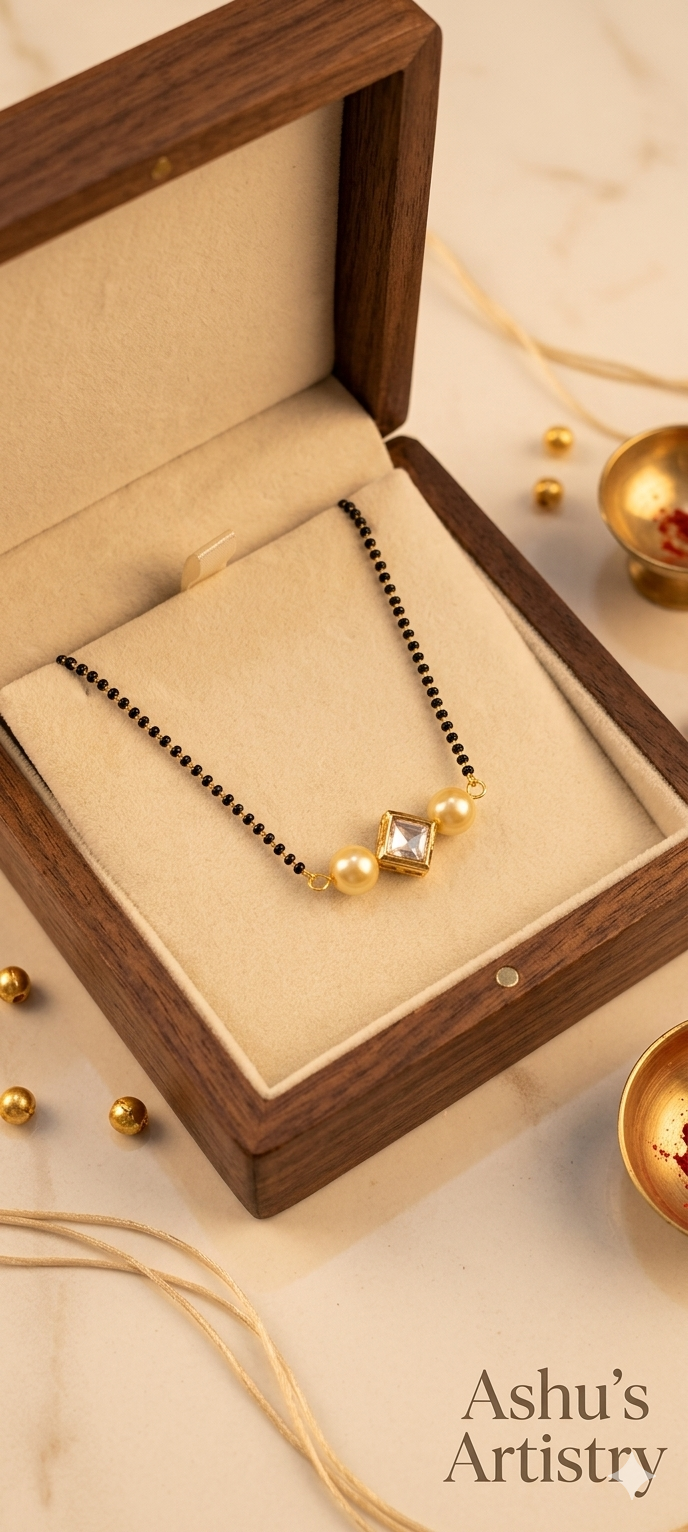 Black Beaded Mangalsutra with Pearl & Square Crystal Pendant - Daily Wear