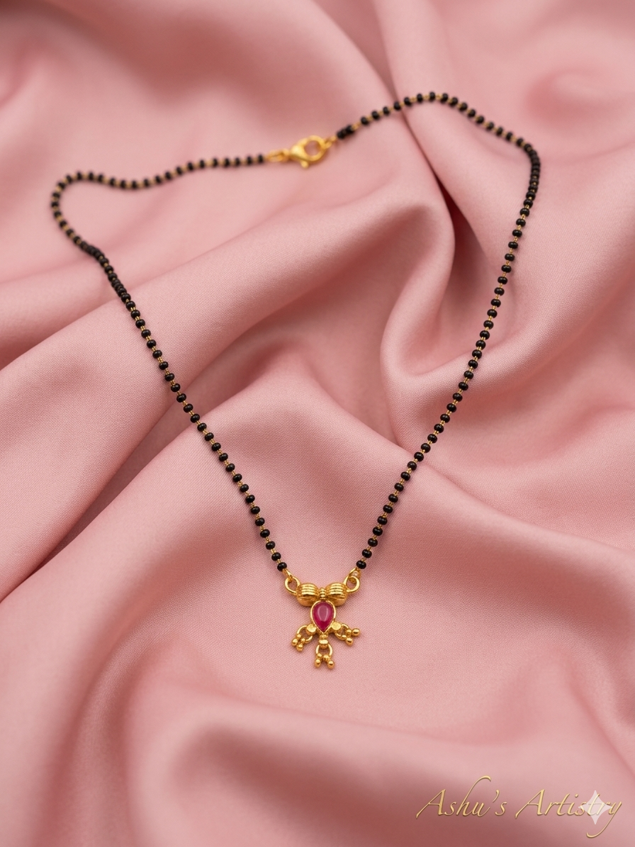 Black Beaded Mangalsutra Necklace with Ruby Drop Pendant | Daily Wear