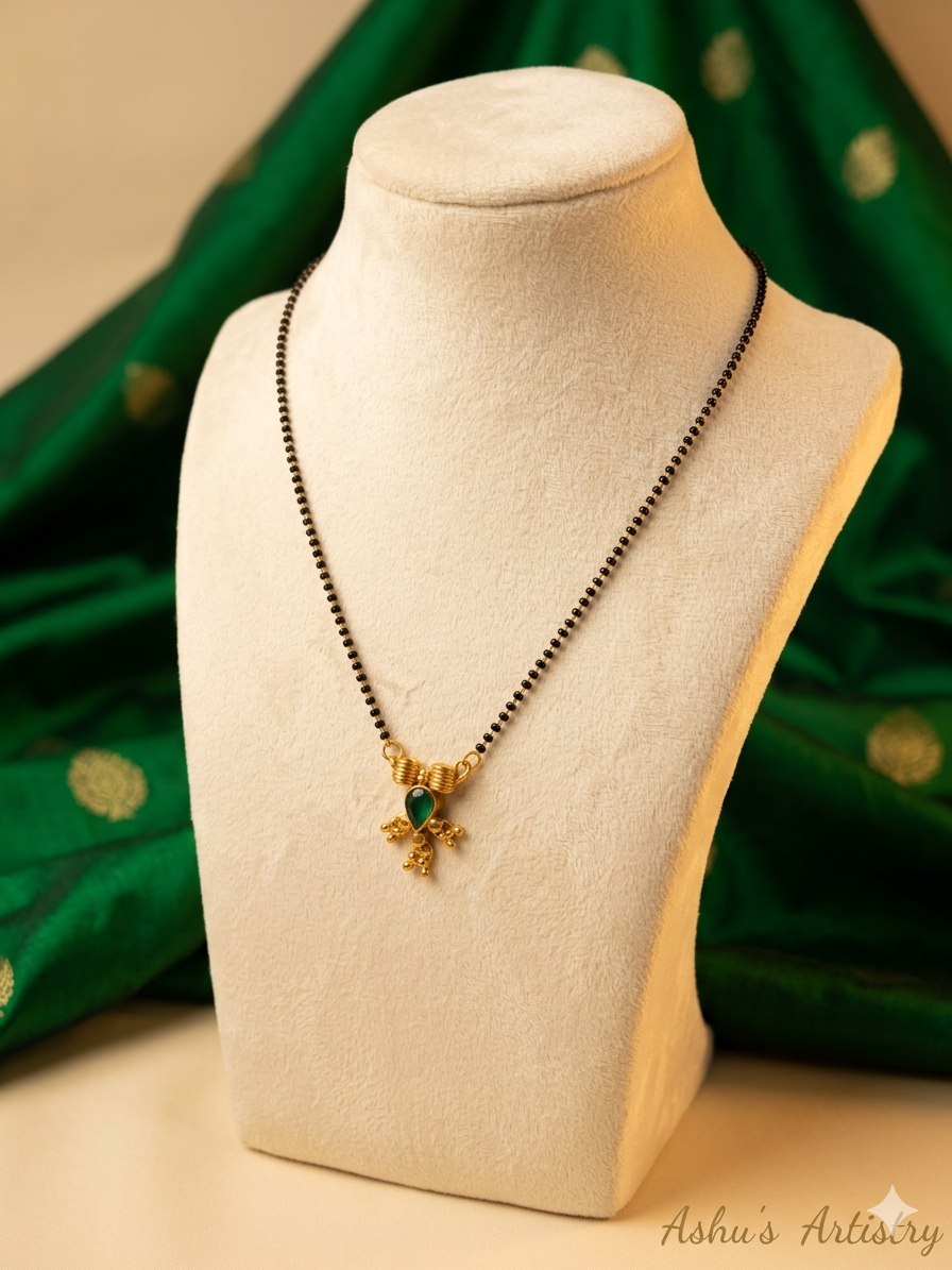 Black Beaded Mangalsutra with Green Stone Drop Pendant | Daily Wear