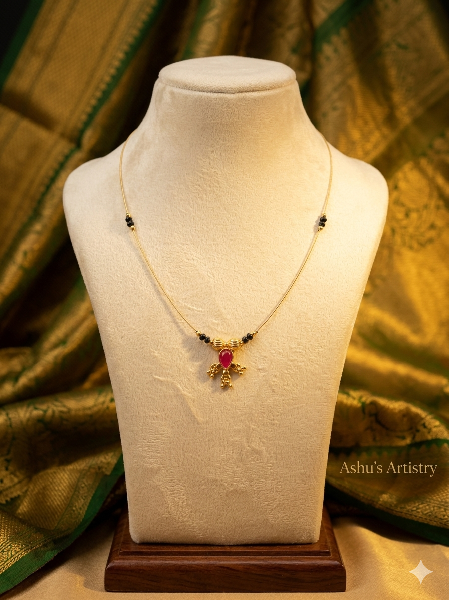 Minimal Black Beaded Mangalsutra Invisible Necklace with Pink Stone Pendant | Daily Wear
