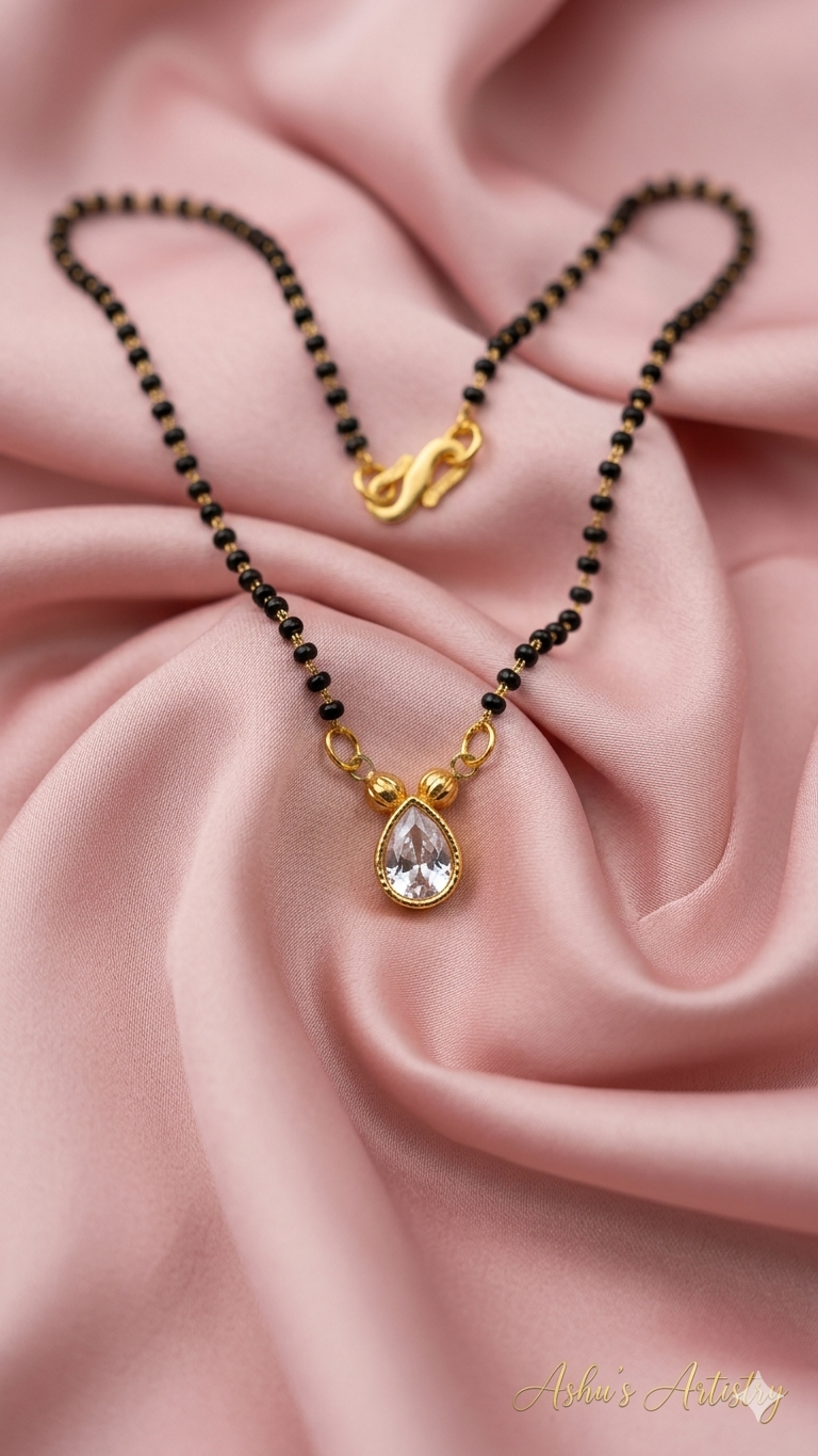 Black Beaded Mangalsutra Necklace with Teardrop Crystal Pendant | Daily Wear