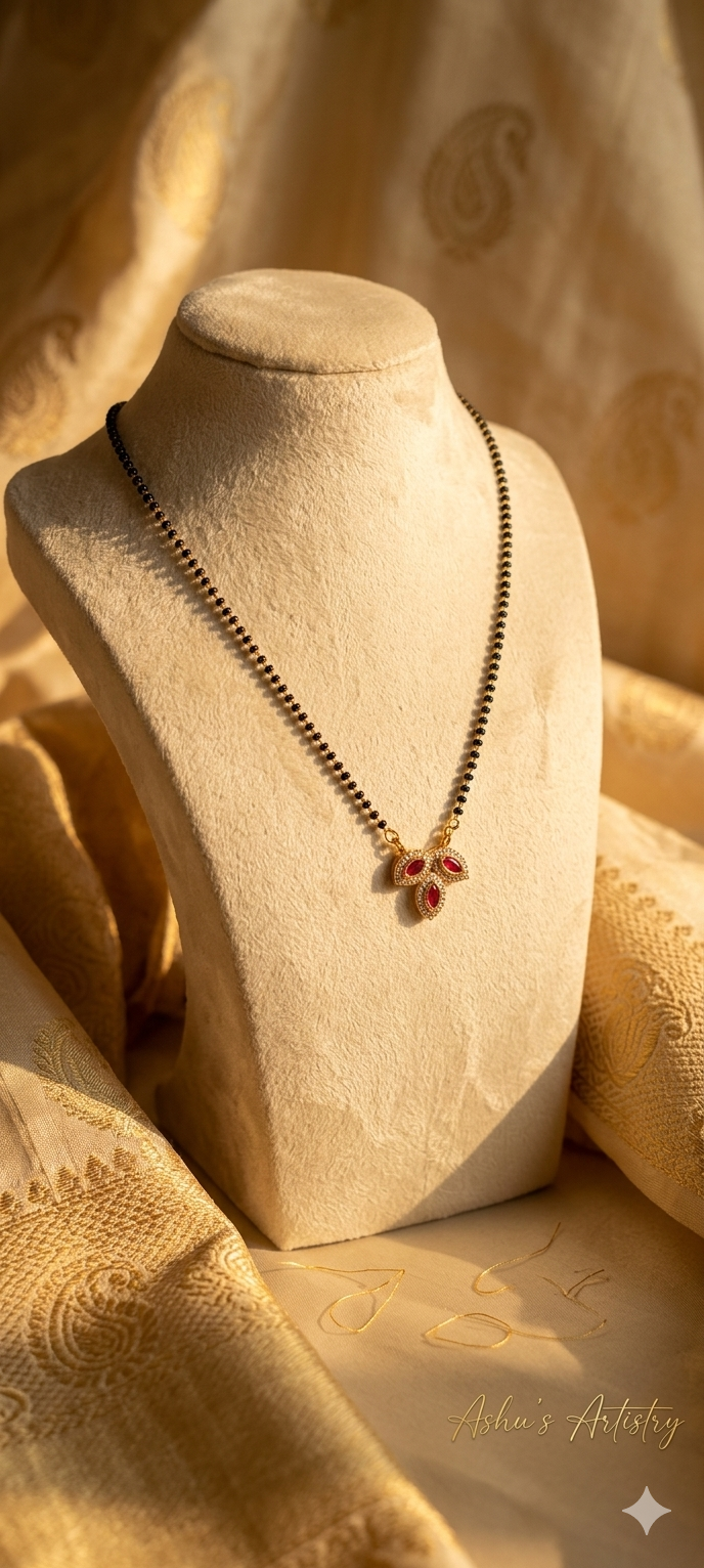 Black Beaded Mangalsutra with Red Floral Pendant – Daily Wear