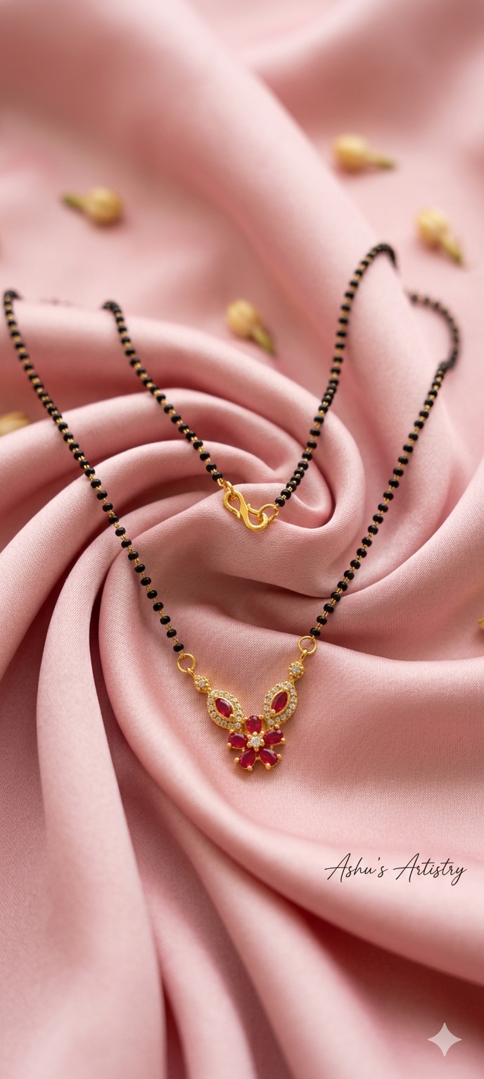 Black Beaded Mangalsutra with Red Floral Pendant | Daily Wear
