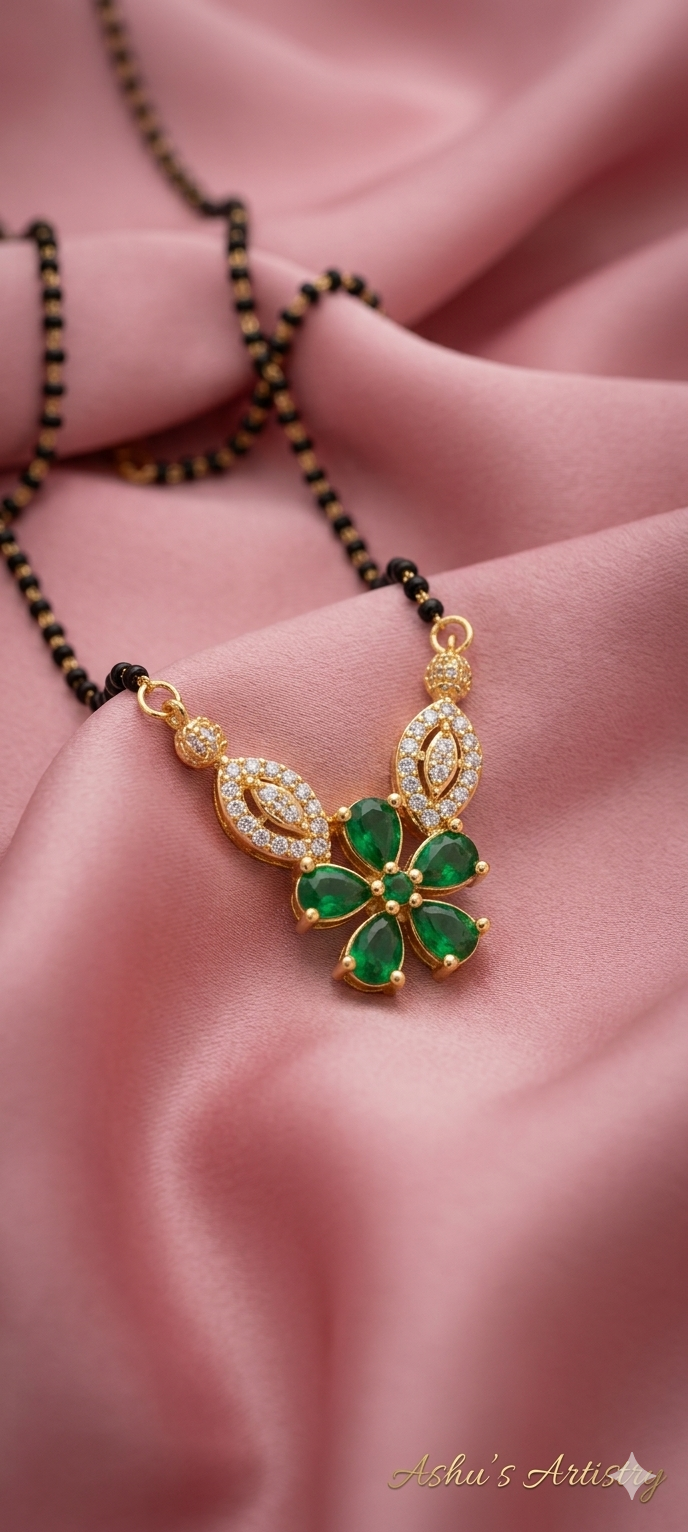 Black Beaded Mangalsutra with Green Floral Crystal Pendant | Daily Wear