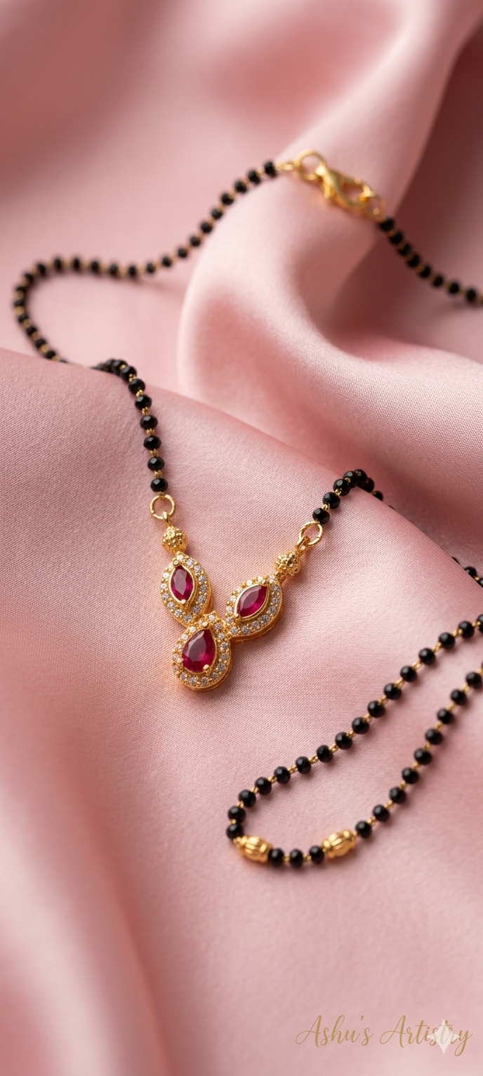 Black Beaded Mangalsutra with Red Teardrop Crystal Pendant | Black Beaded Daily Wear