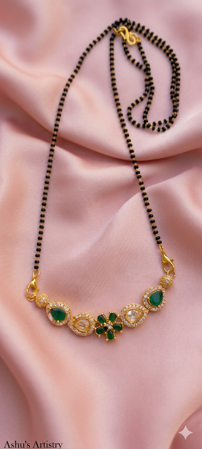 Green Stone Floral Mangalsutra Necklace for Daily Wear