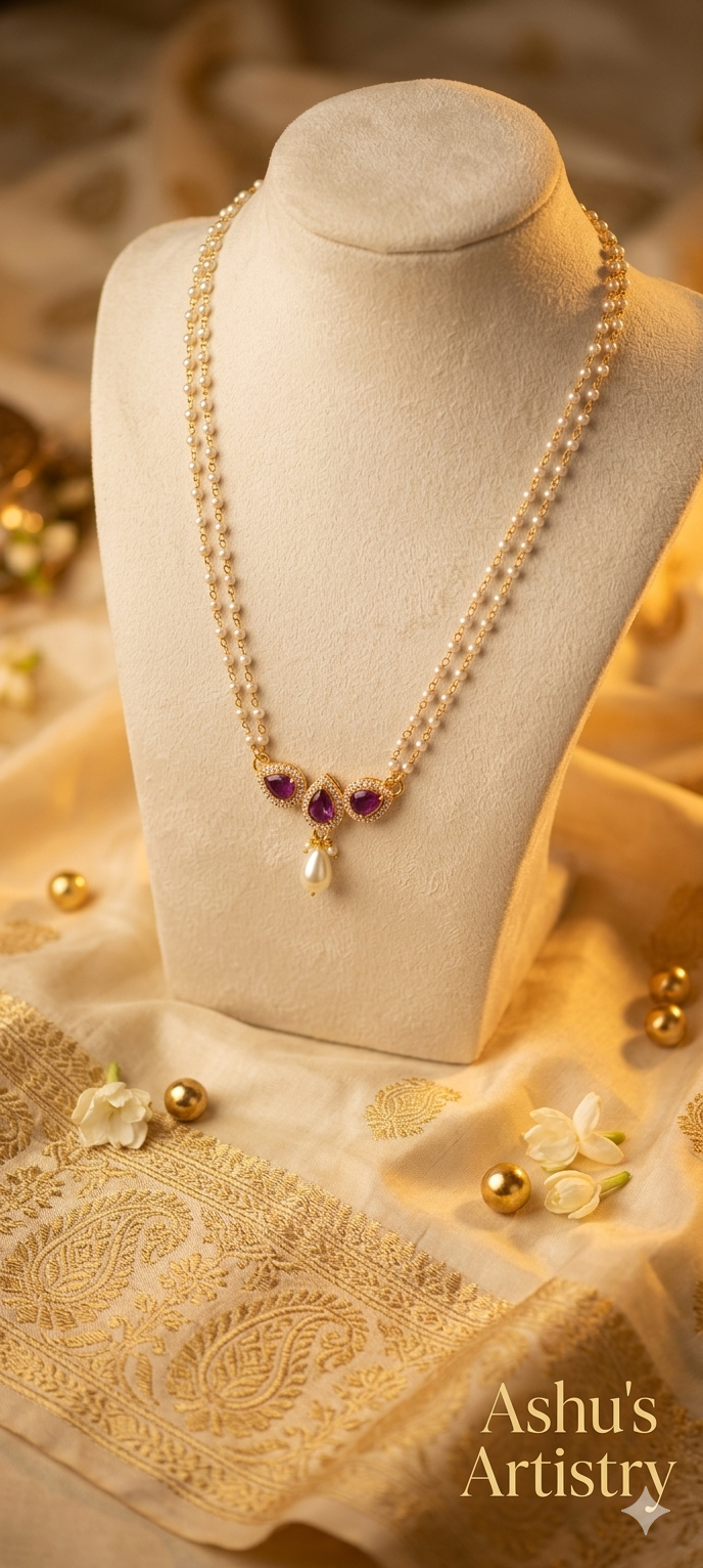 Pearl Chain Ruby Pendant Mangalsutra Necklace for Women