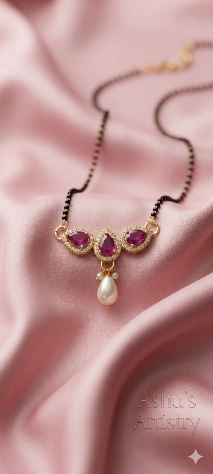 Ruby Teardrop Pearl Drop Mangalsutra Necklace for Women