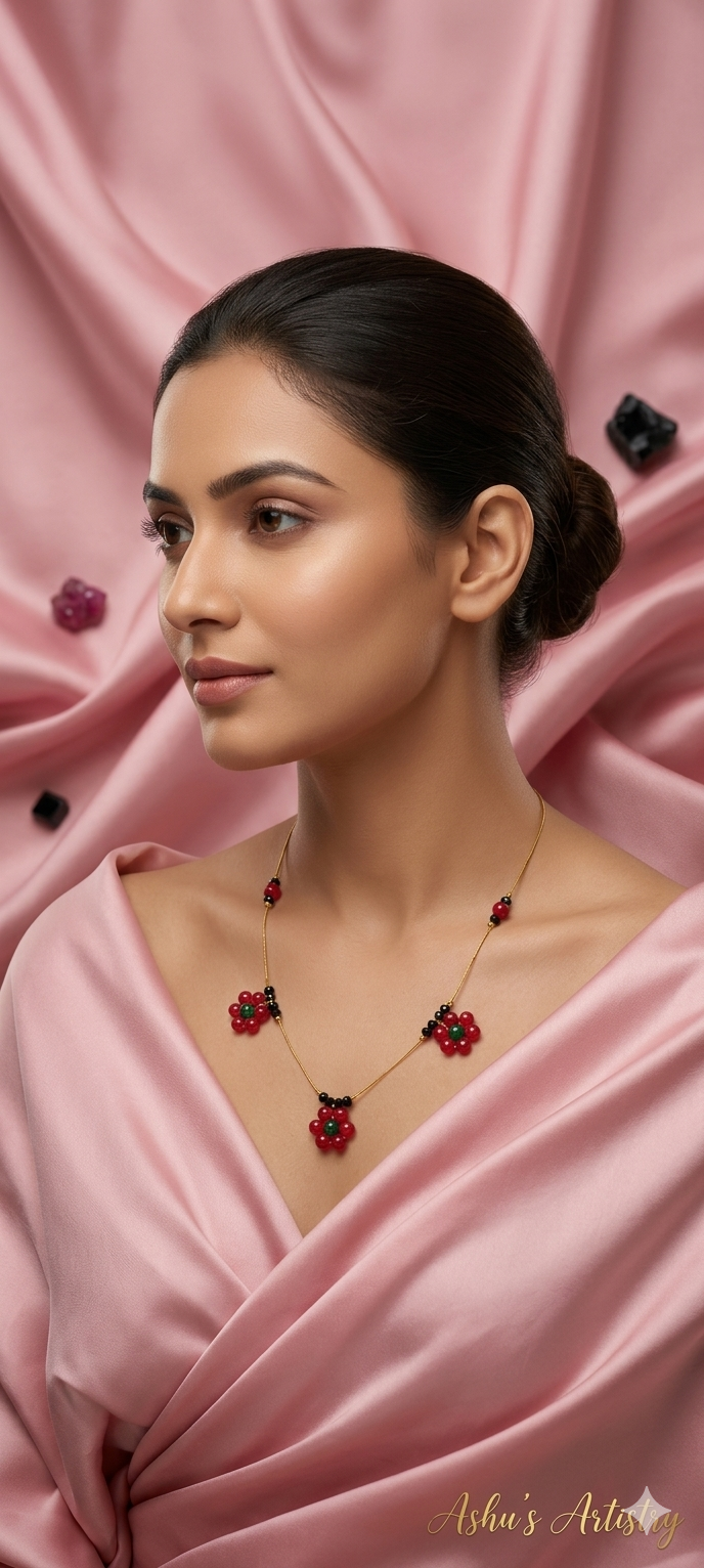 Red Floral Beaded Necklace for Daily Wear