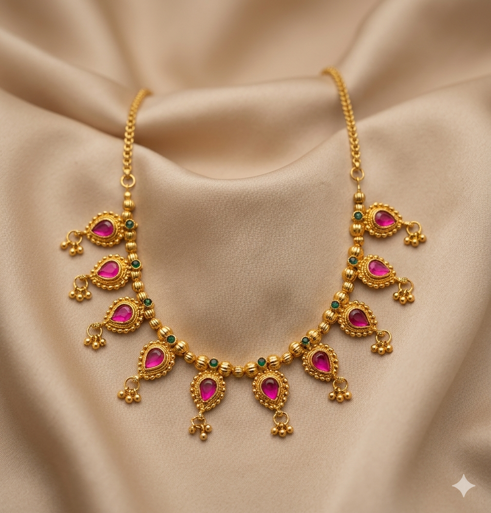 Traditional Gold Plated Ruby Drop Statement Necklace