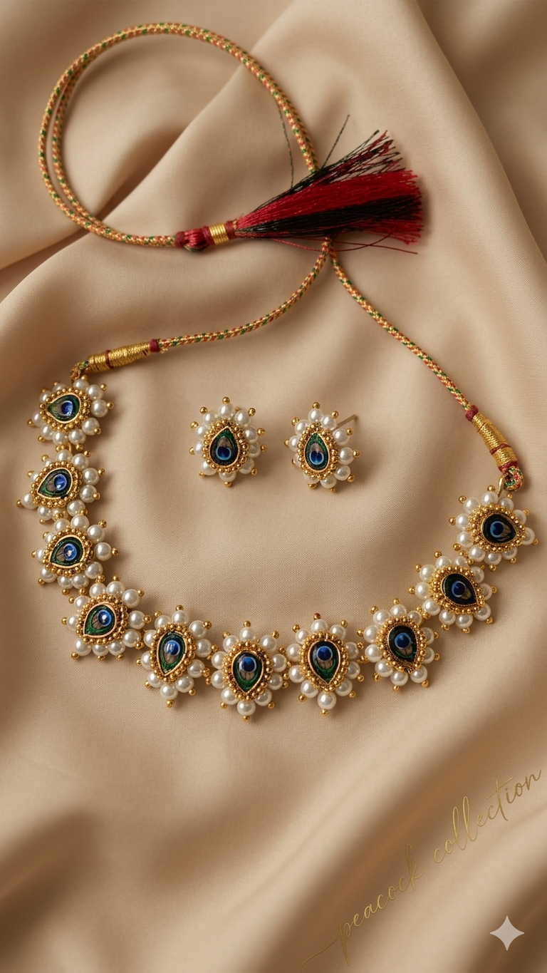 Peacock Pearl Choker Necklace Set with Earrings