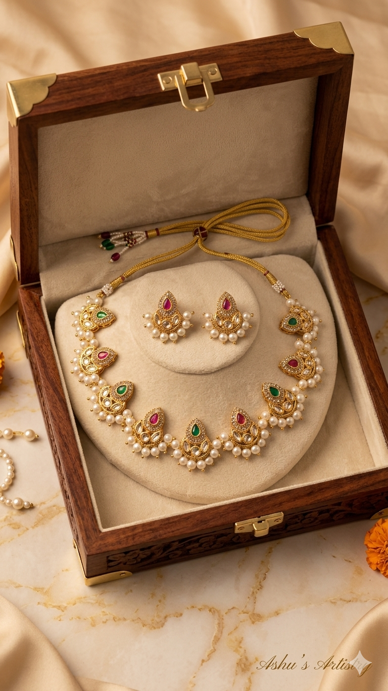 Traditional Pearl Kundan Necklace Set with Earrings