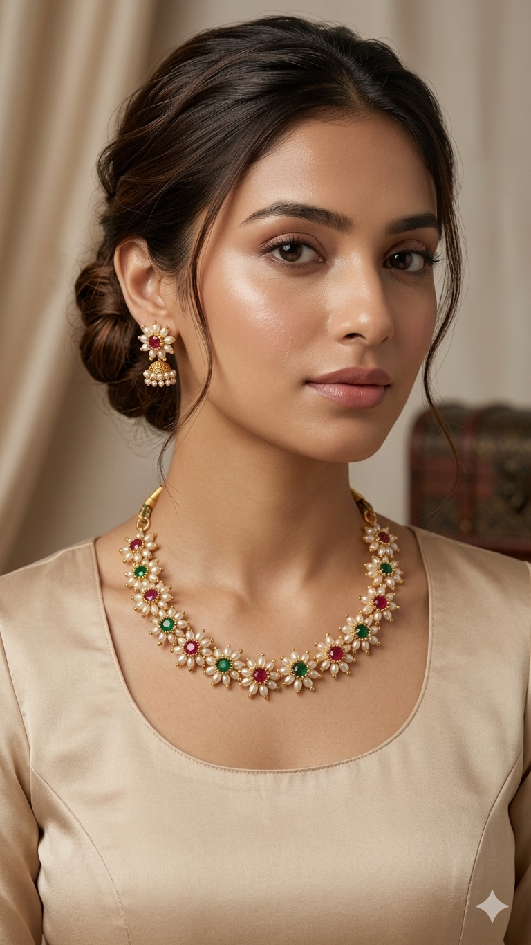 Floral Pearl Kundan Necklace Set with Earrings