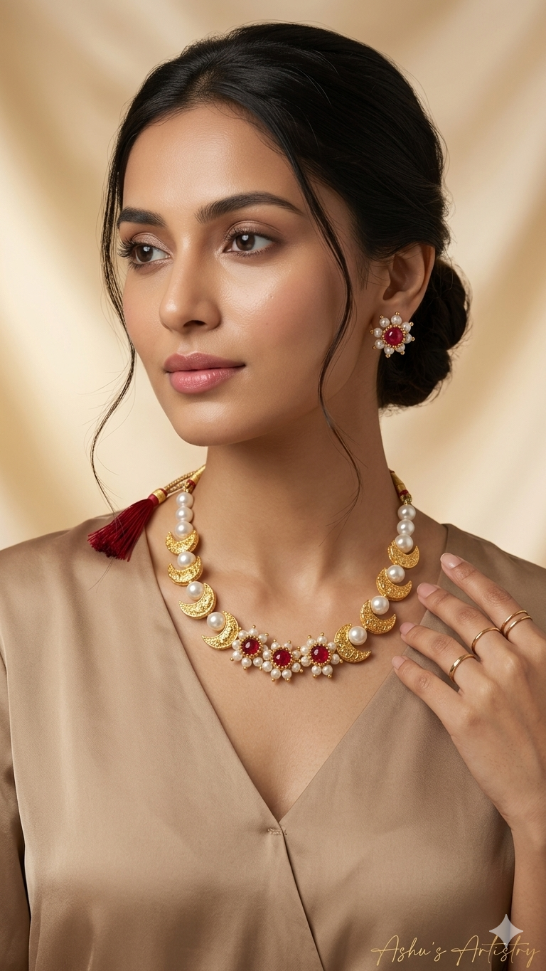 Gold Crescent Pearl Statement Necklace Set with Red Stones