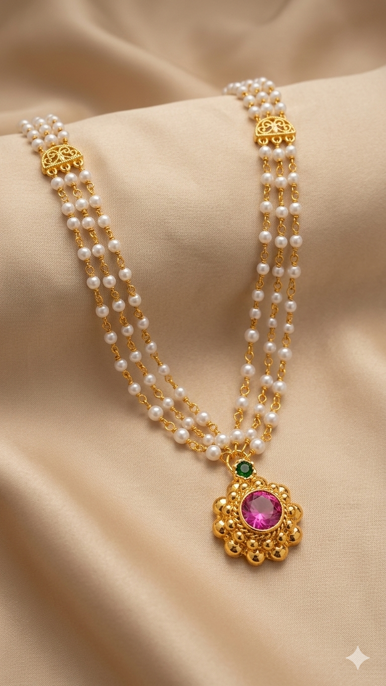 Gold Pearl Double Layer Pendant Necklace with Pink Stone