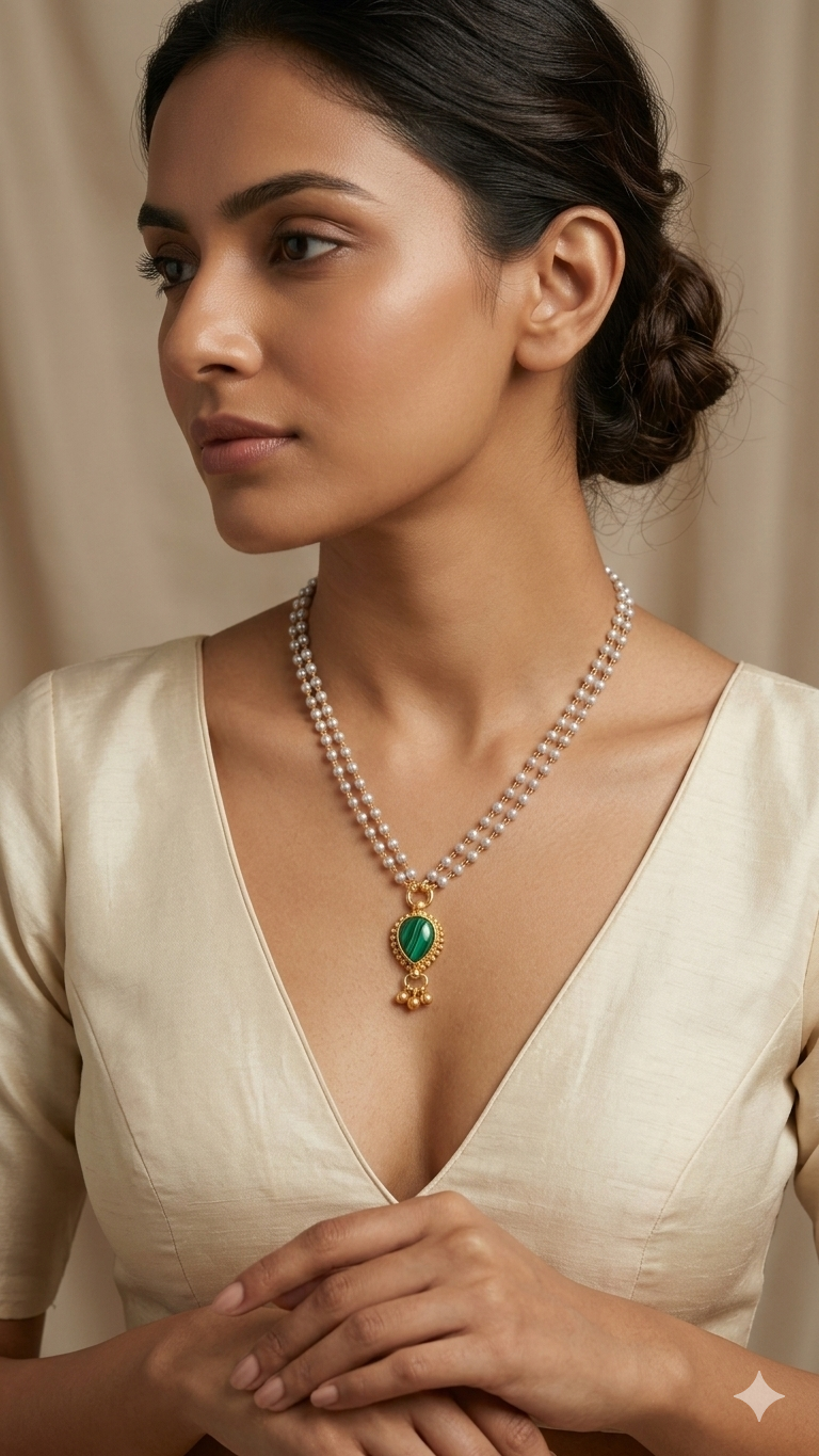 Double Layer Pearl Necklace with Green Stone Pendant