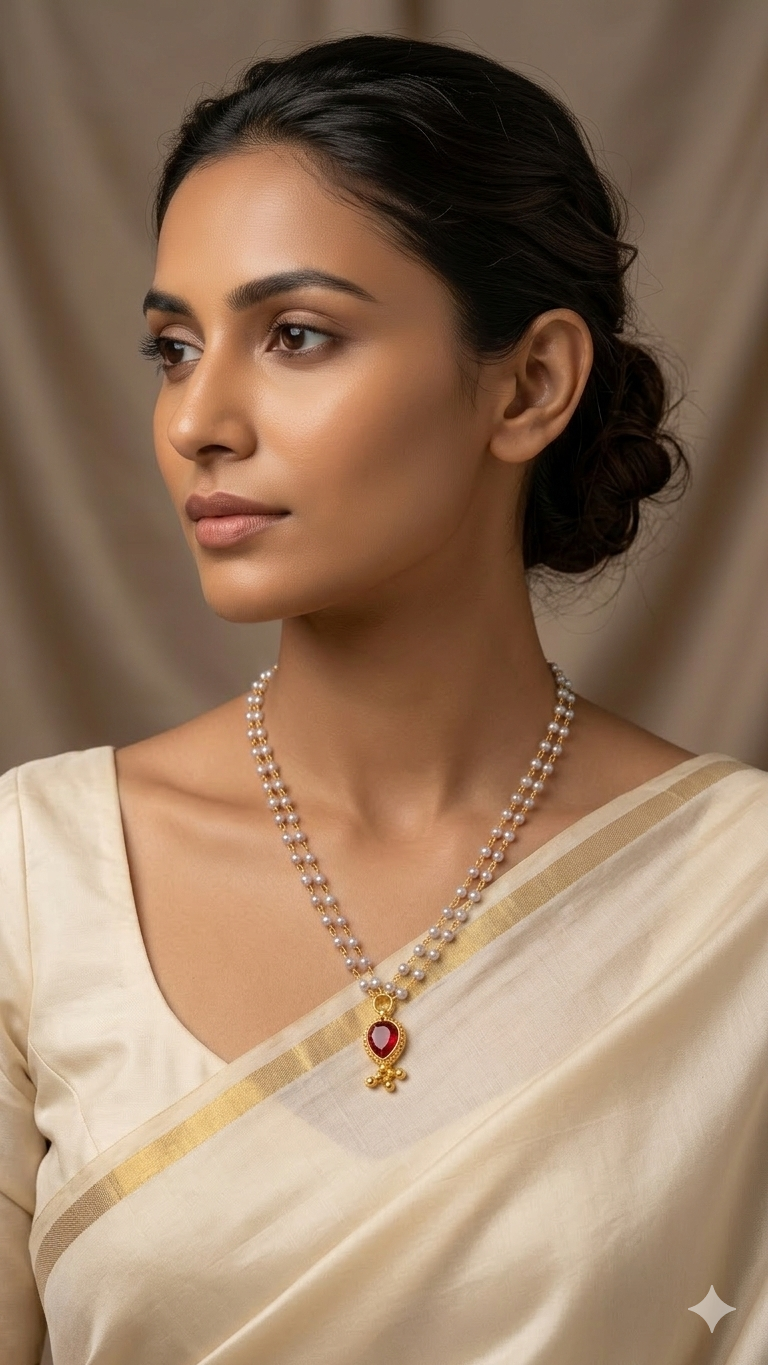 Pearl Double Layer Ruby Pendant Necklace