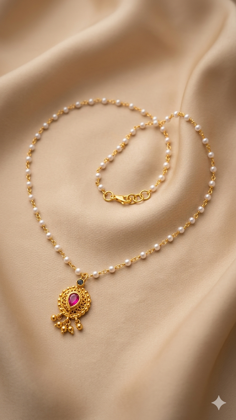 Minimal Pearl Chain Ruby Pendant Necklace