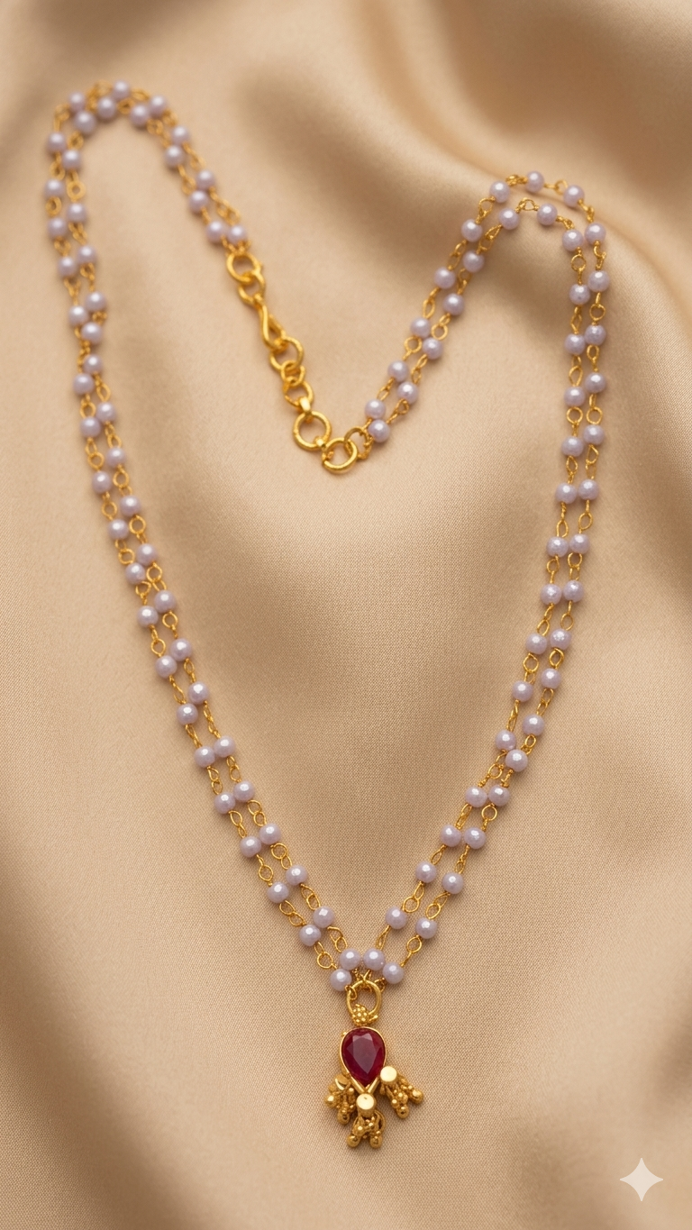 Double Pearl Chain Ruby Drop Necklace