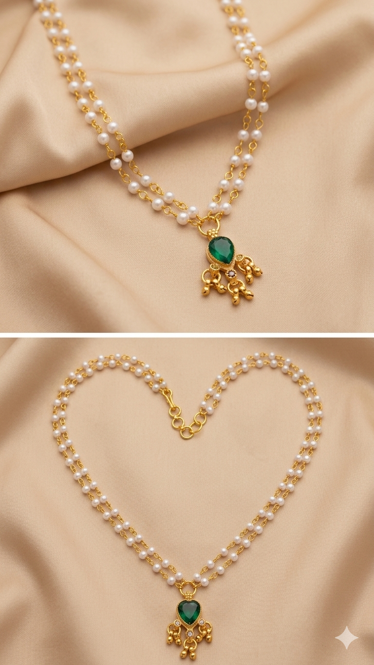 Double Pearl Chain Green Stone Necklace