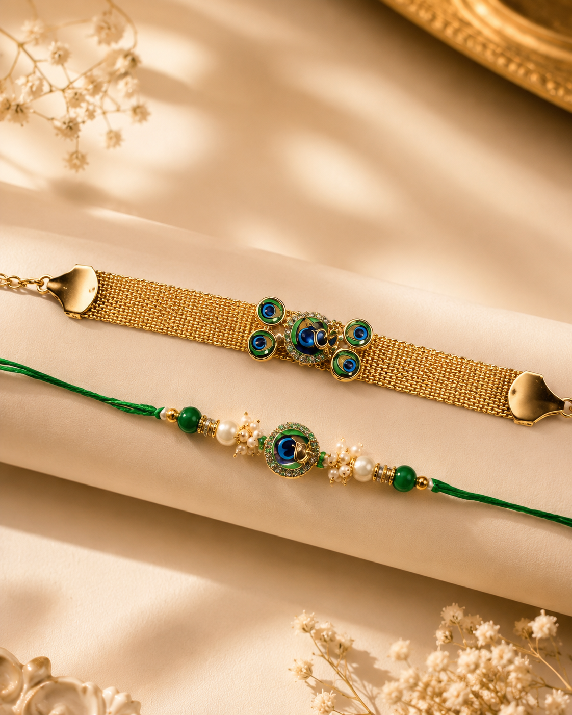 Premium Peacock Om Bhai Bhabhi Rakhi Set – Handmade Designer Couple Rakhi | BB10