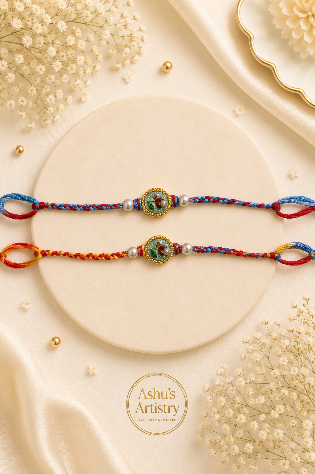 Handmade Floral Pearl Rakhi RK31 – Traditional Designer Rakhi for Brother RK31