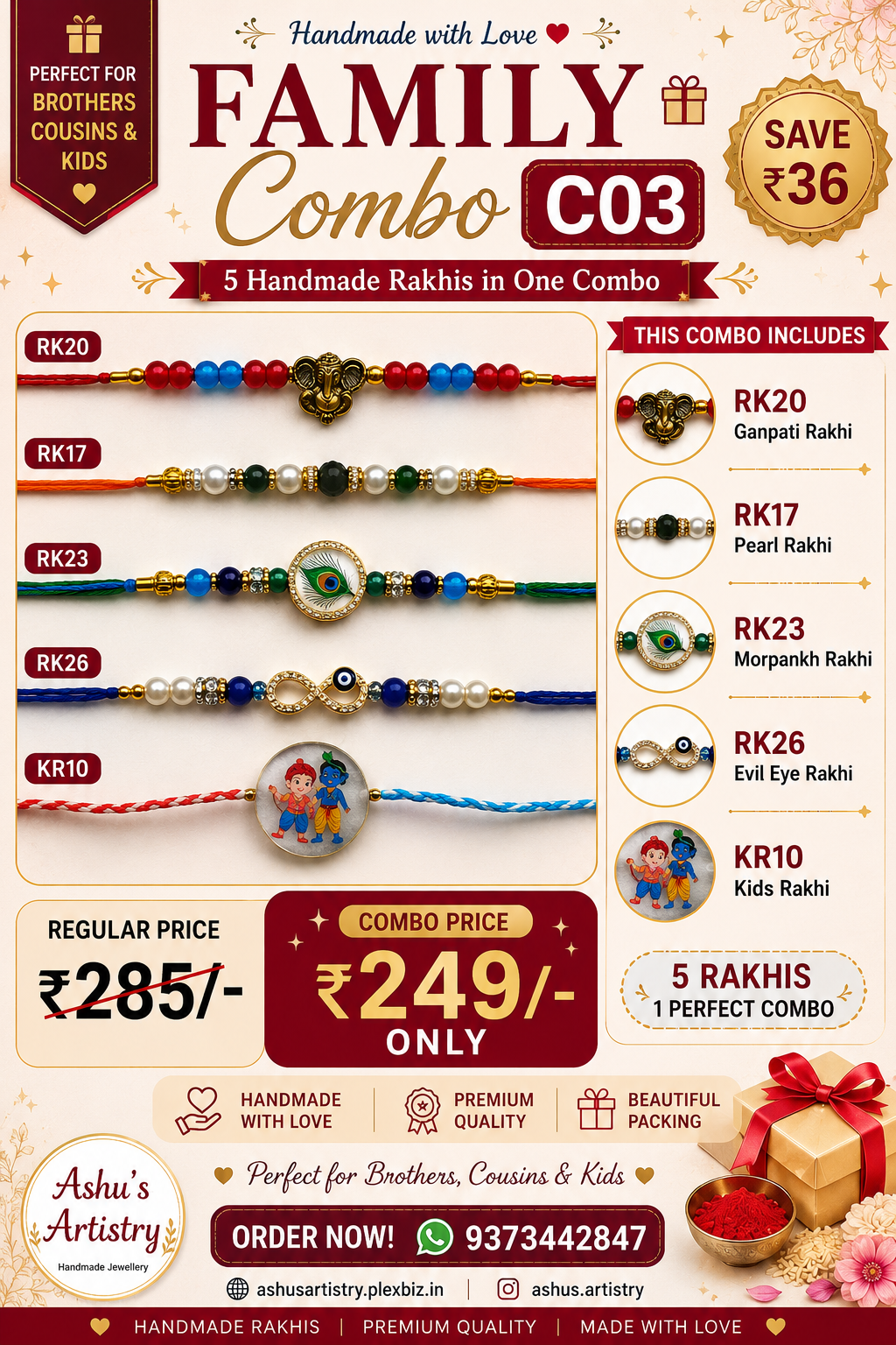 Family Rakhi Combo C03 – 5 Handmade Rakhis Set for Brothers, Cousins & Kids
