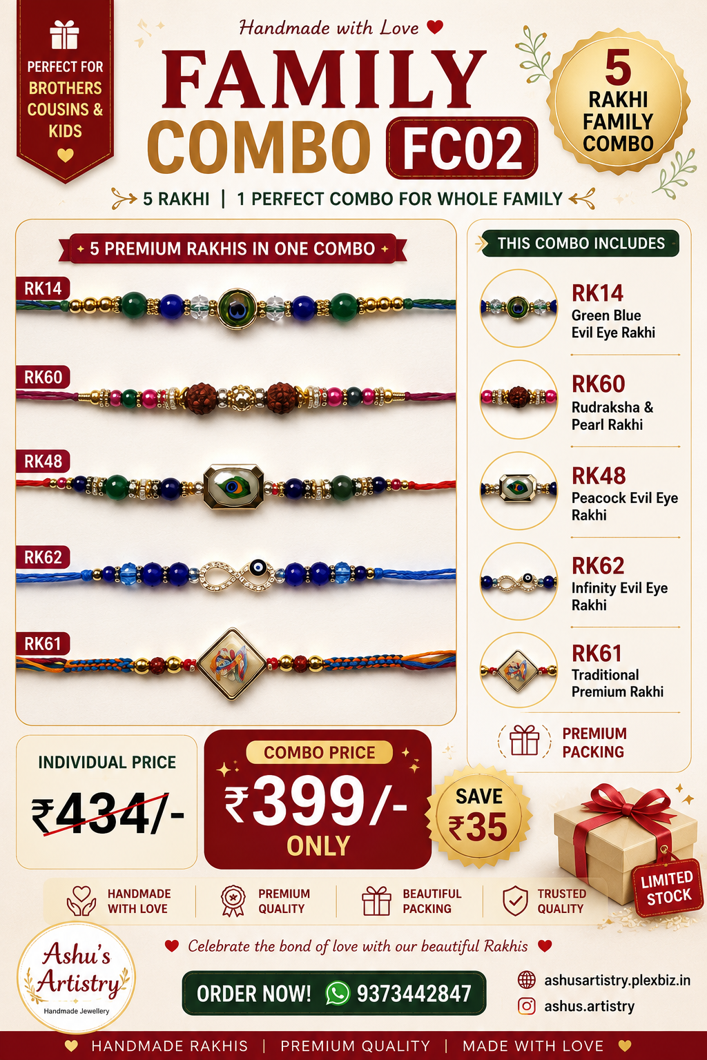 Family Combo FC02 – Premium Rakhi Set of 5 Handmade Designer Rakhis |
