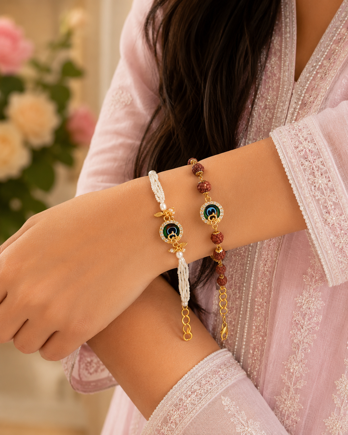Premium Peacock Om Bhai Bhabhi Rakhi Set BB15