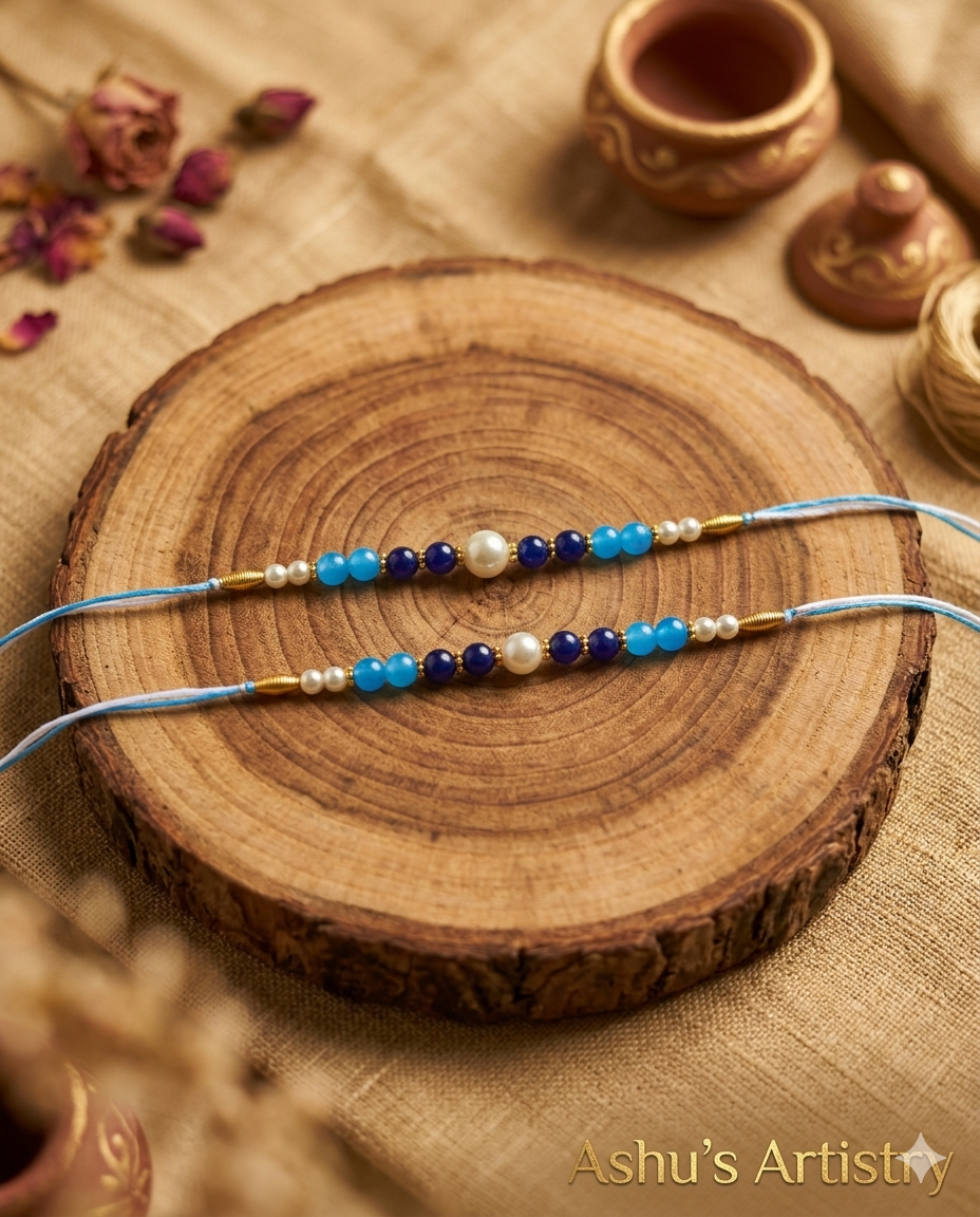 Premium Pearl & Blue Beads Rakhi I RK 21