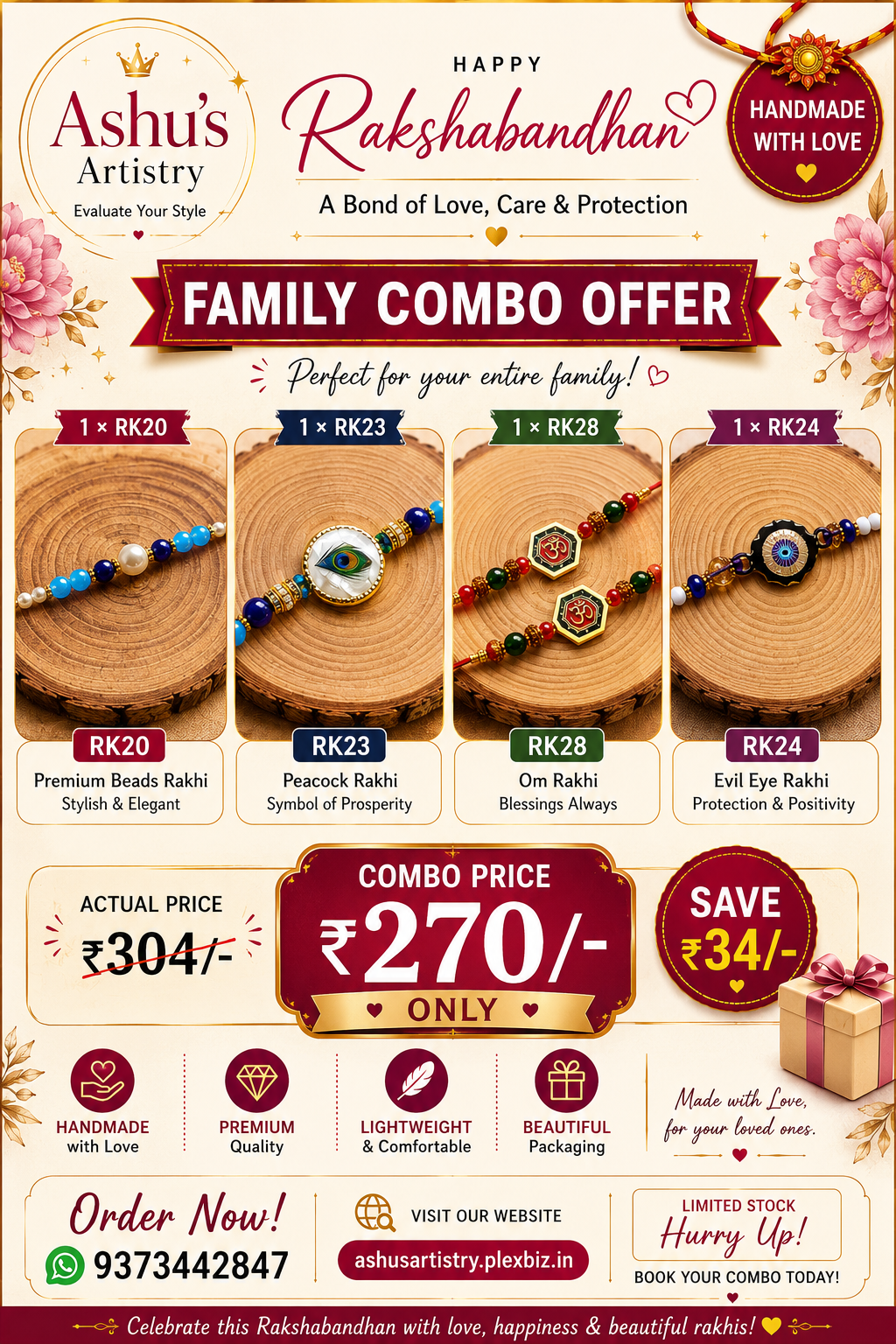 Family Combo C01 – 4 Handmade Rakhi Combo for Brothers & Family | Family Combo C01