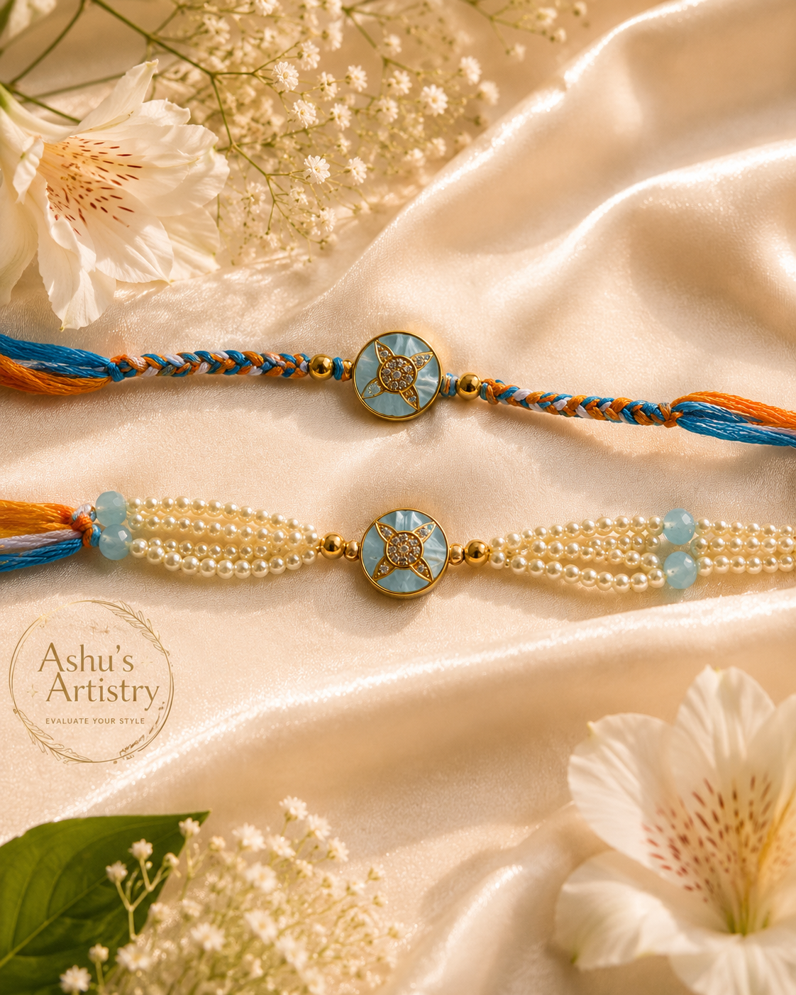 Designer Couple Rakhi with Elegant Multi-Layer Pearl Lumba BB06