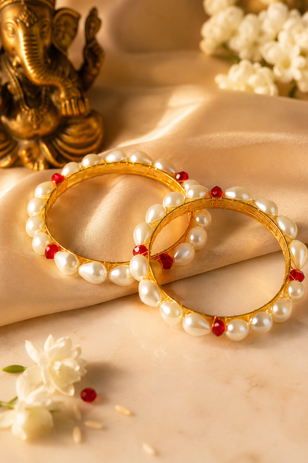 Handmade Pearl & Red Crystal Bangles for Women (Pair)