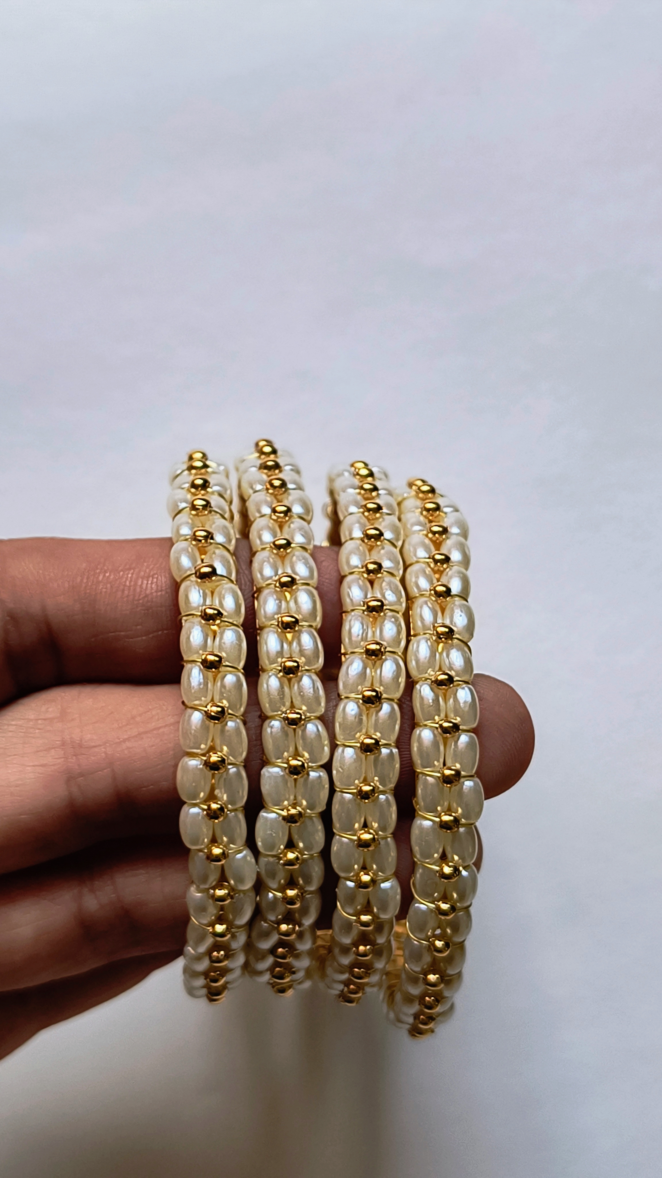 Handmade Pearl Gold Beaded Bangles Set for Women (Set of 4)