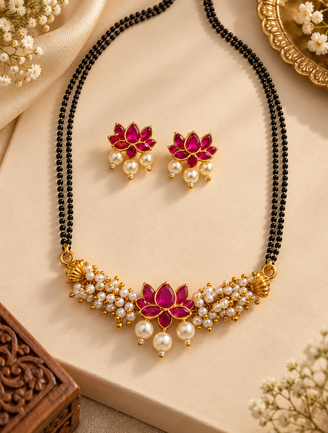 Elegant Pink Lotus Pearl Mangalsutra Set – Handmade Traditional Jewellery with Matching Earrings