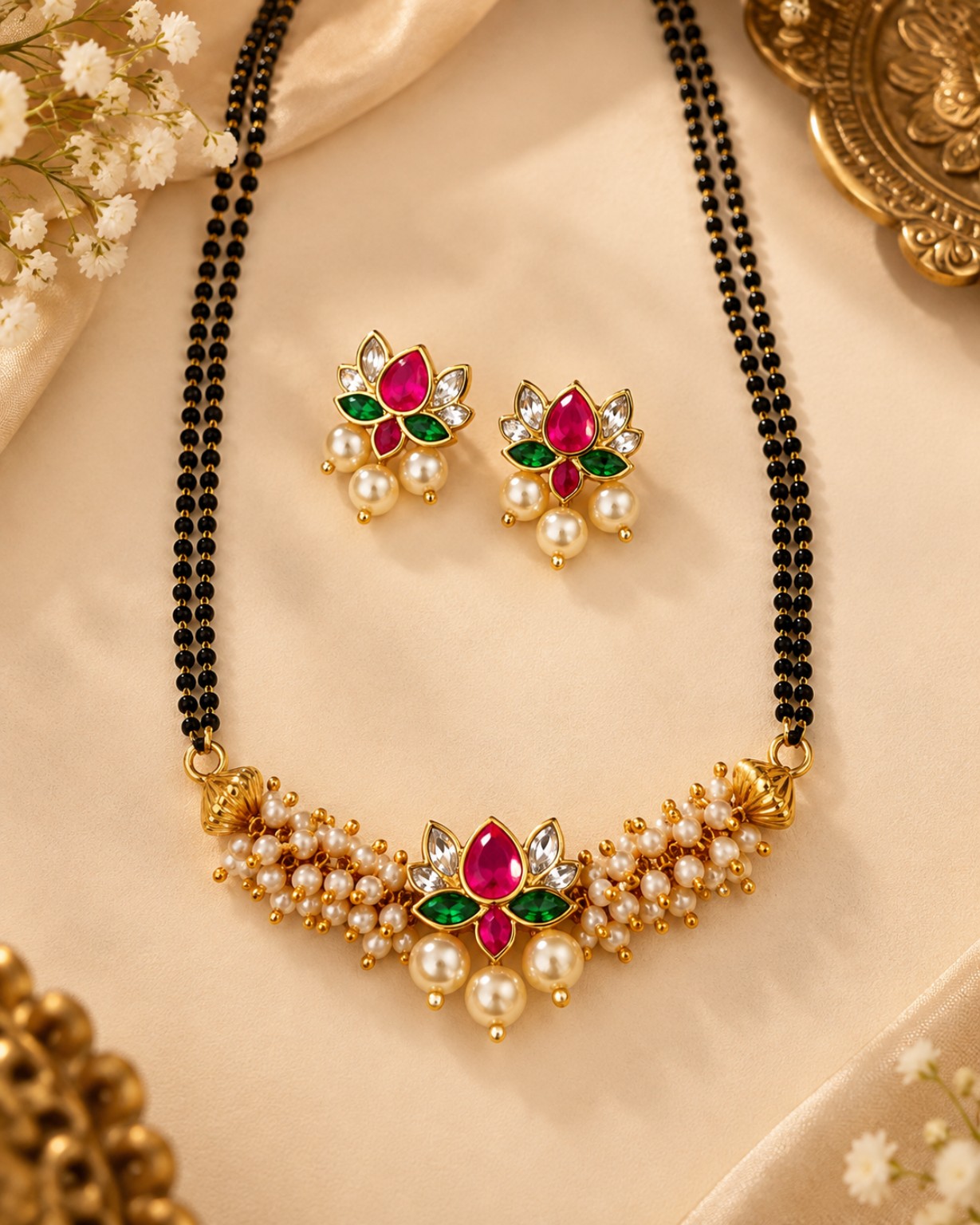 Elegant Pink Green Lotus Mangalsutra Set & Matching Earrings