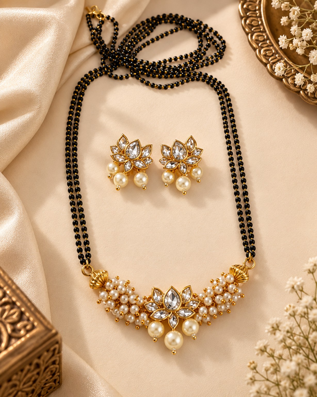 Royal White Lotus Kundan Mangalsutra Set with Pearl Earrings | Handmade Festive Jewellery