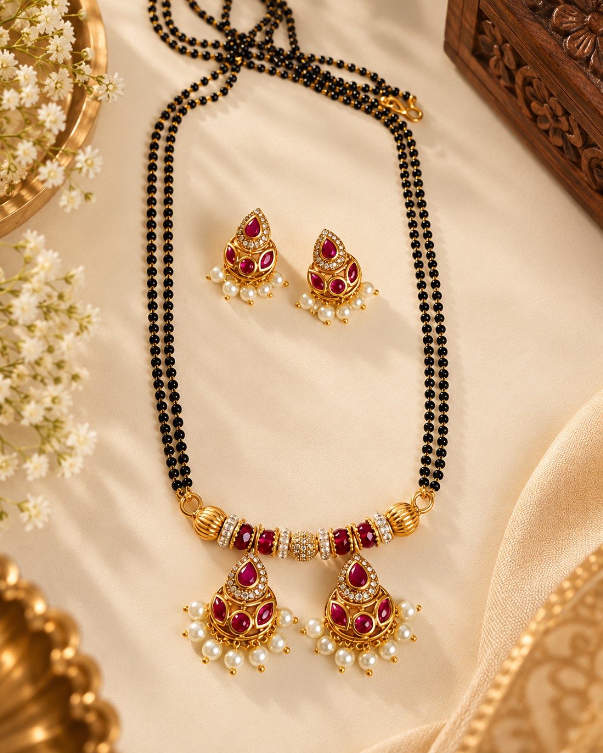 Handmade Ruby Red Kundan Mangalsutra Set with Pearl Earrings | Traditional Bridal Jewellery