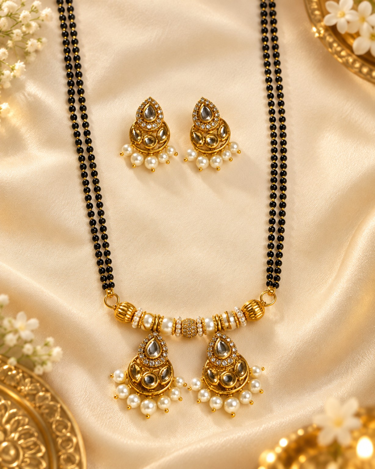 Classic Kundan Pearl Mangalsutra Set with Matching Earrings | Handmade Traditional Jewellery