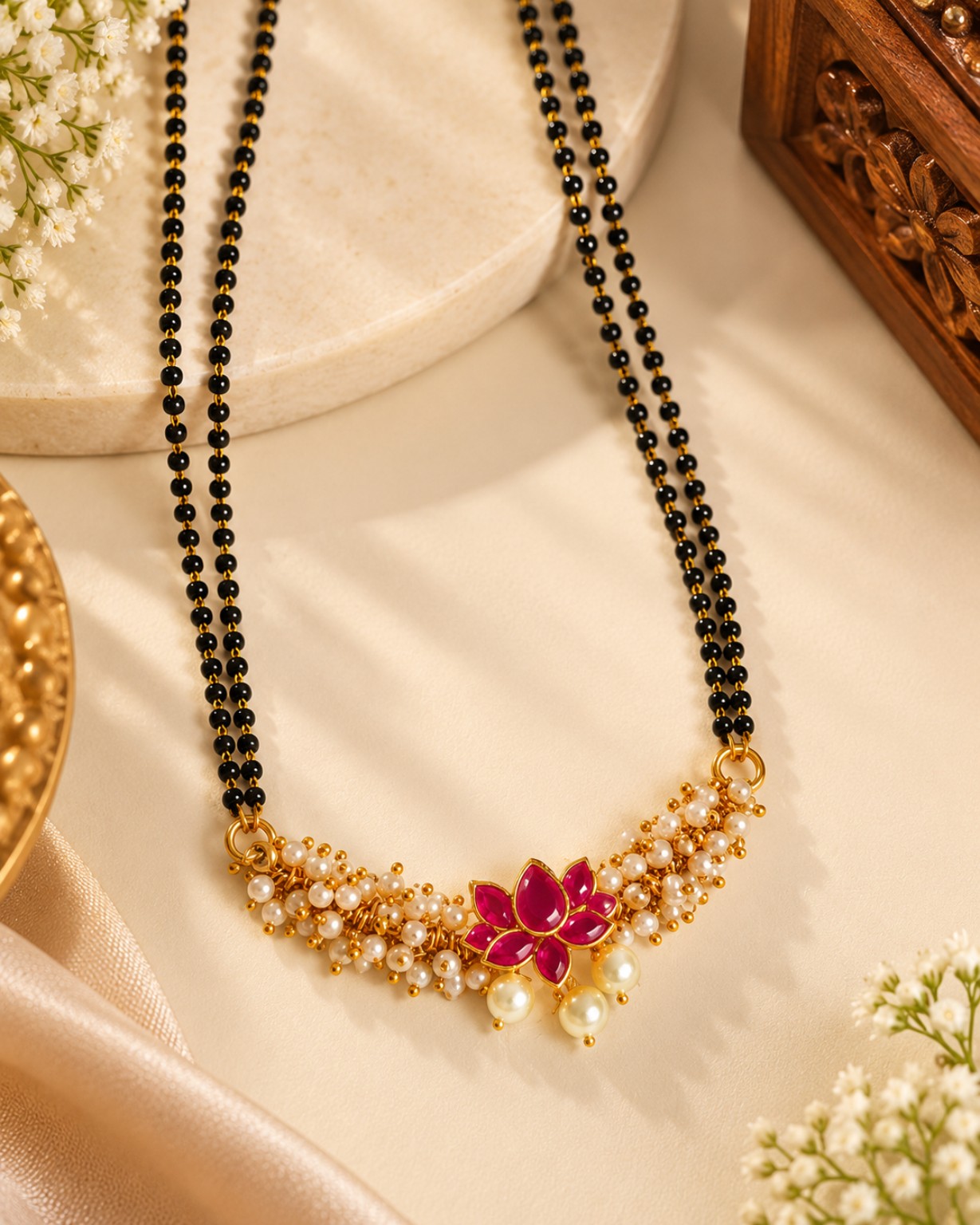 Ruby Pink Floral Pearl Mangalsutra | Handmade Traditional Necklace