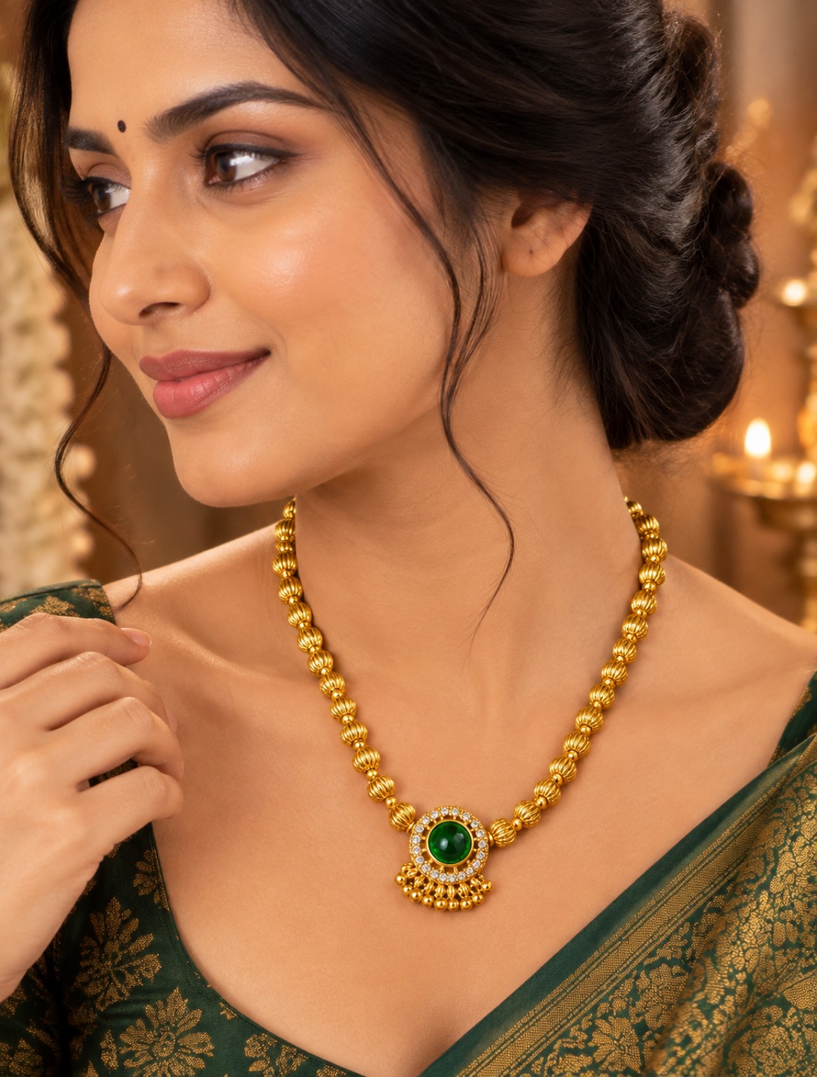 Royal Green Stone Gold Necklace | Handmade Traditional Jewellery