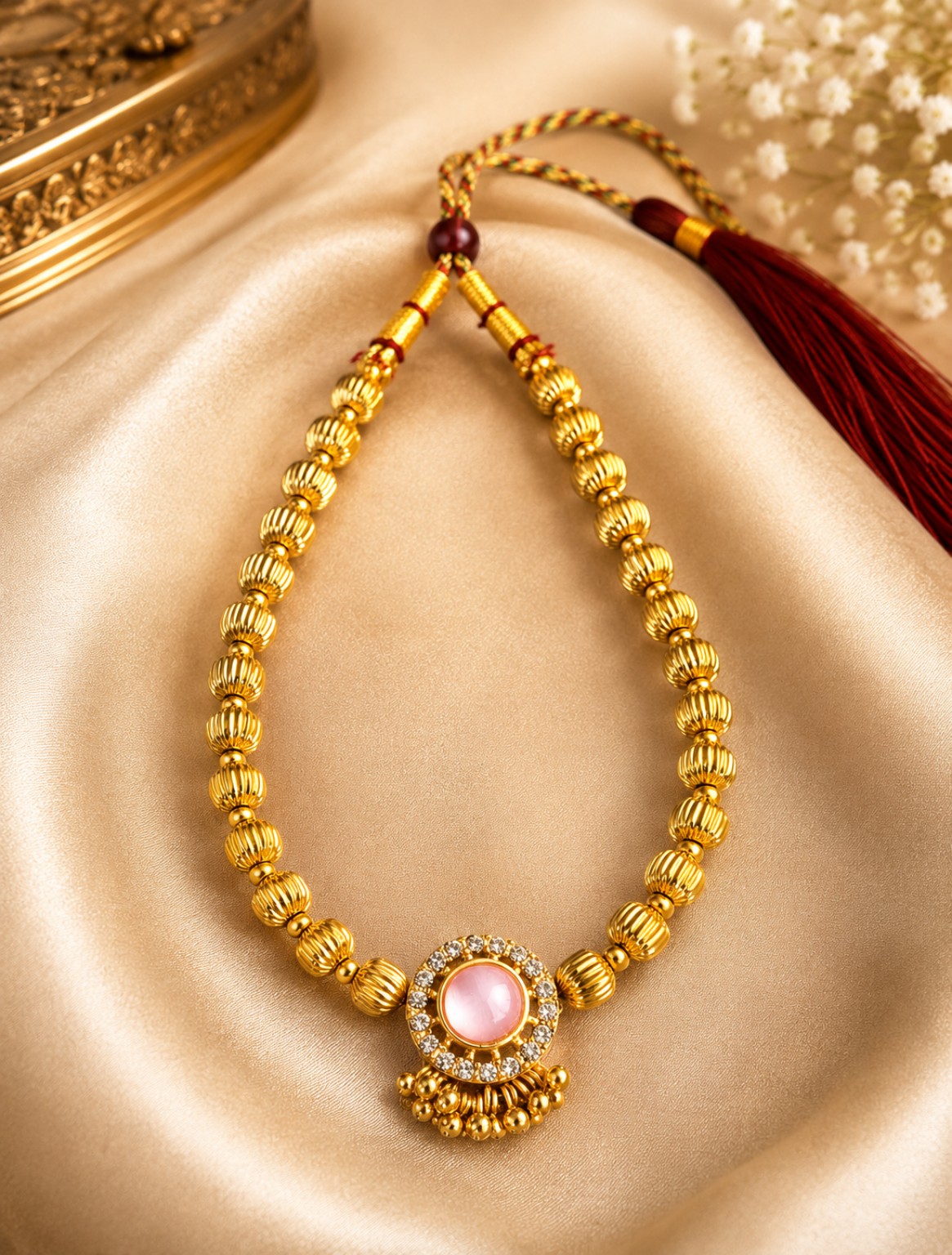 Royal Pink Stone Necklace with Gold Beads | Handmade Designer Jewellery