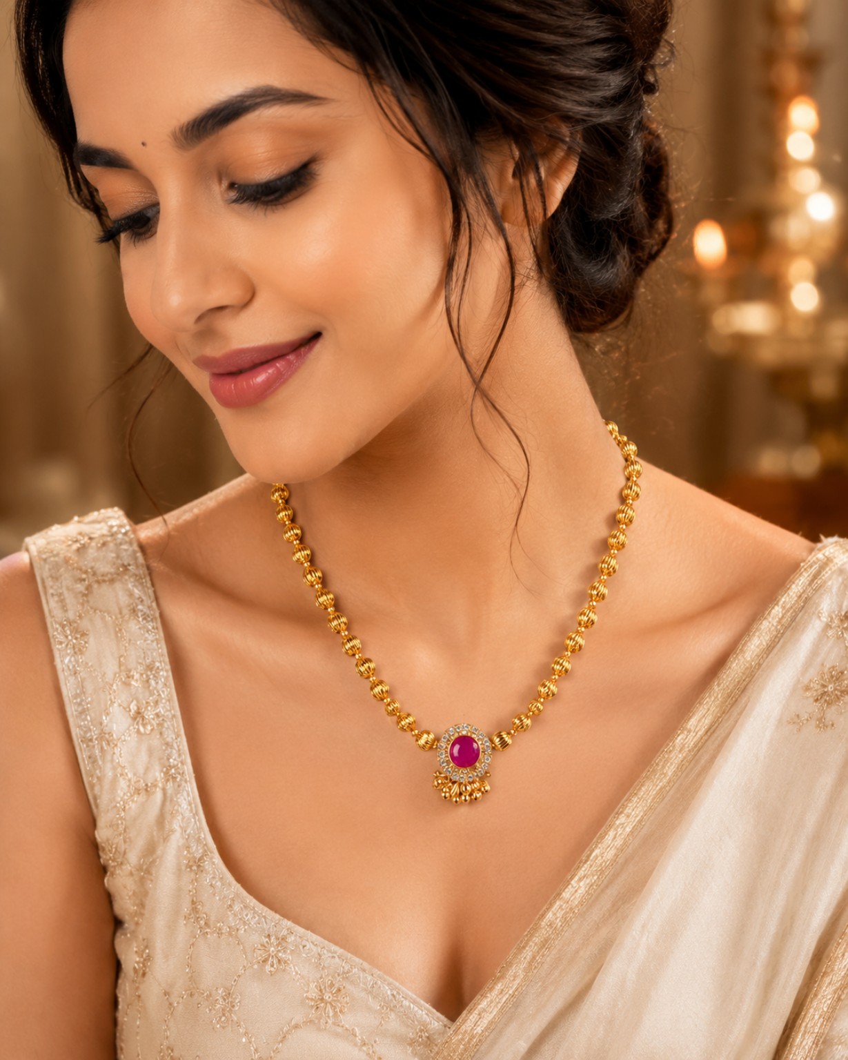 Royal Ruby Pink Stone Necklace with Gold Beads | Handmade Designer Jewellery