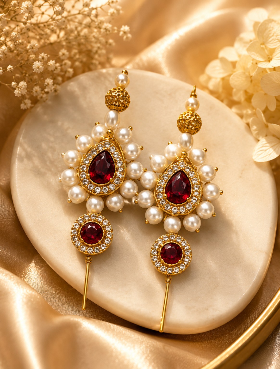 Ruby Red Stone Pearl Earcuff | Handmade Designer Earcuff Jewellery
