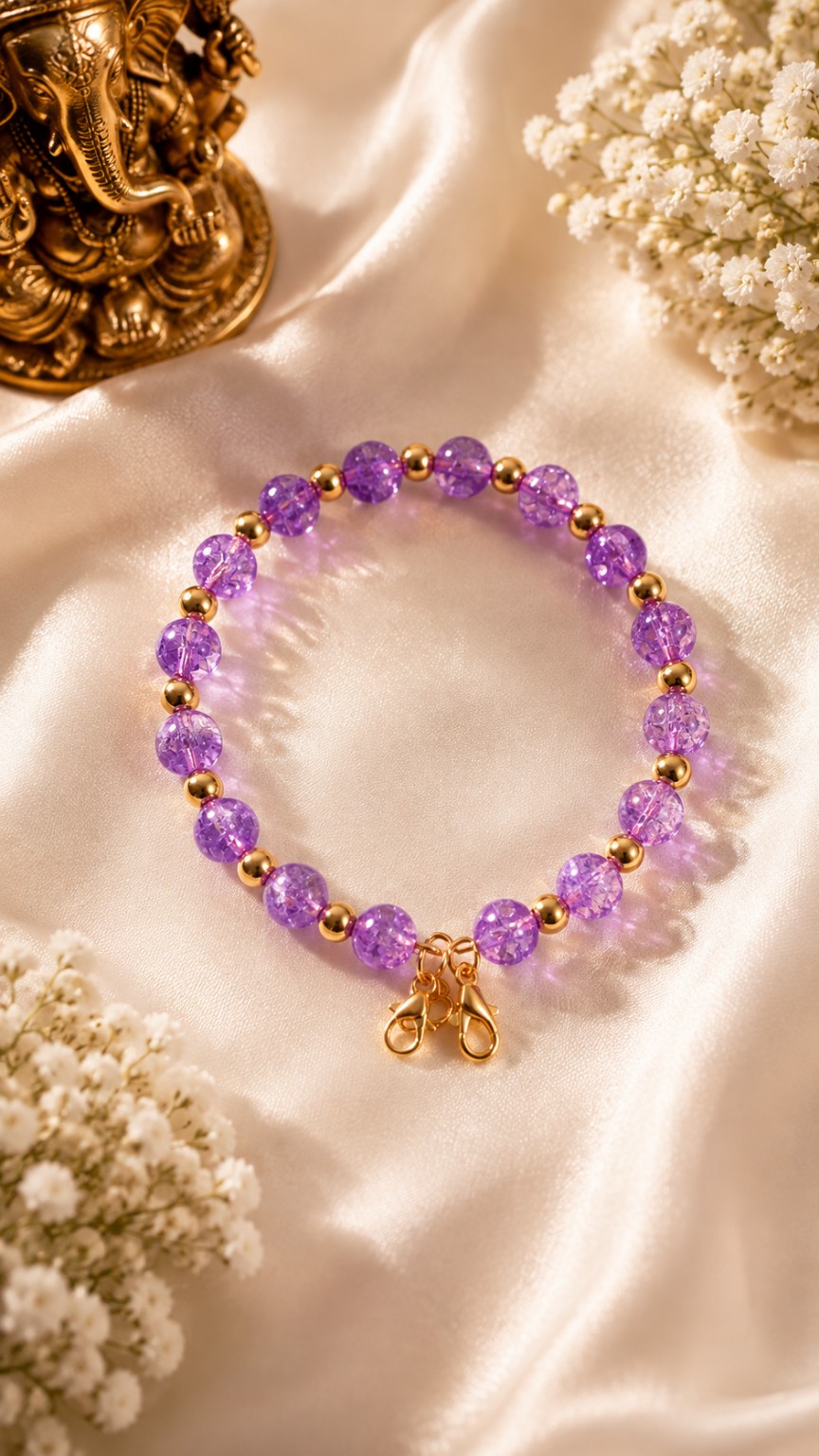 Purple Crystal Bead Bracelet | Handmade Gold-Tone Statement Bracelet