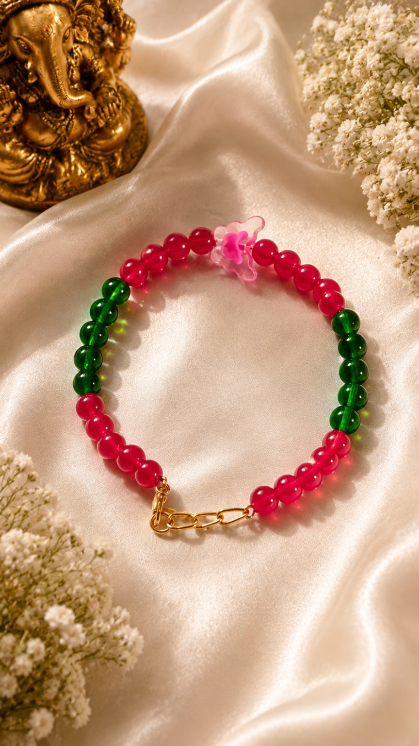 Ruby Pink & Emerald Green Bead Bracelet | Handmade Statement Jewellery
