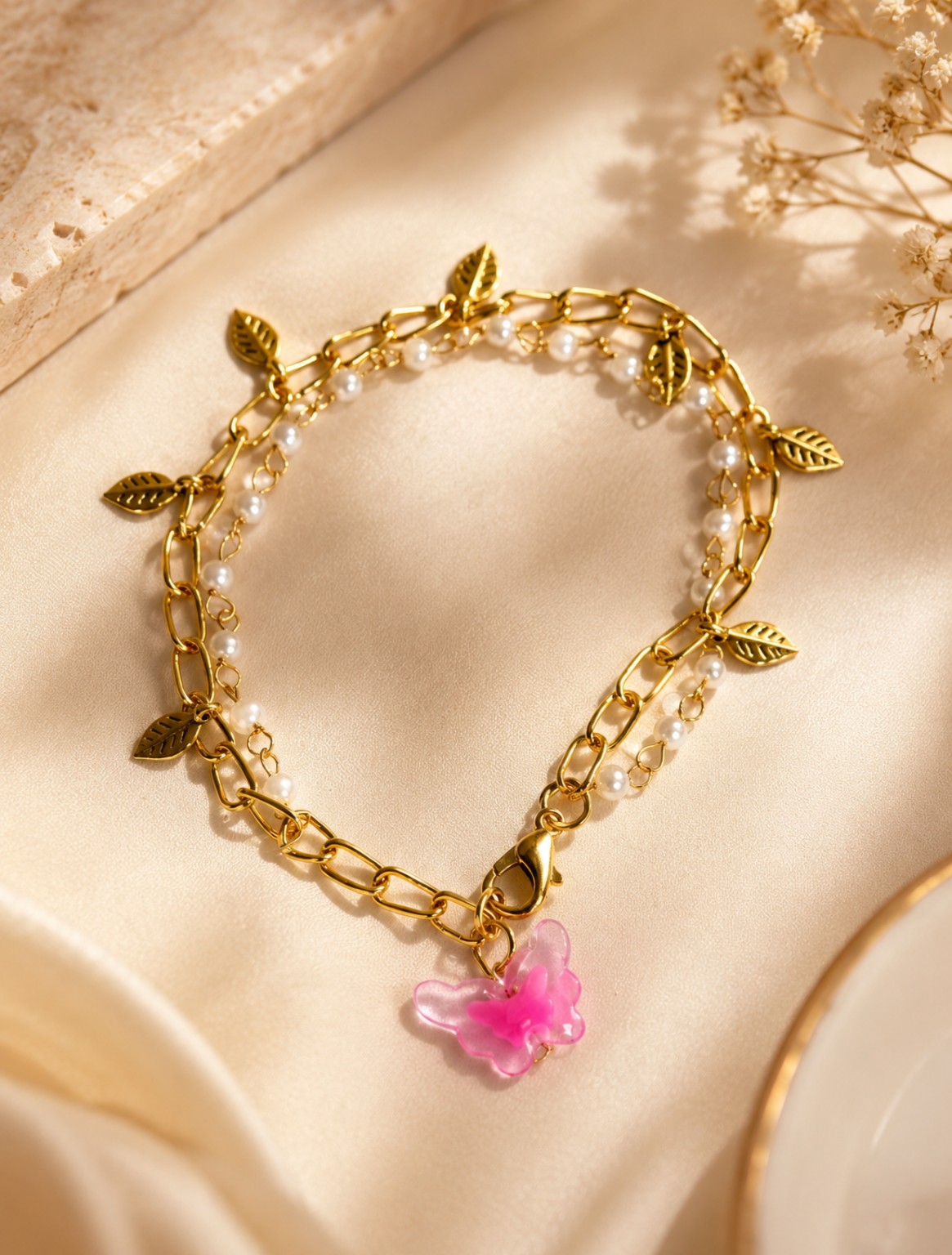 Pearl Leaf Charm Bracelet | Handmade Gold-Tone Floral Bracelet for Women